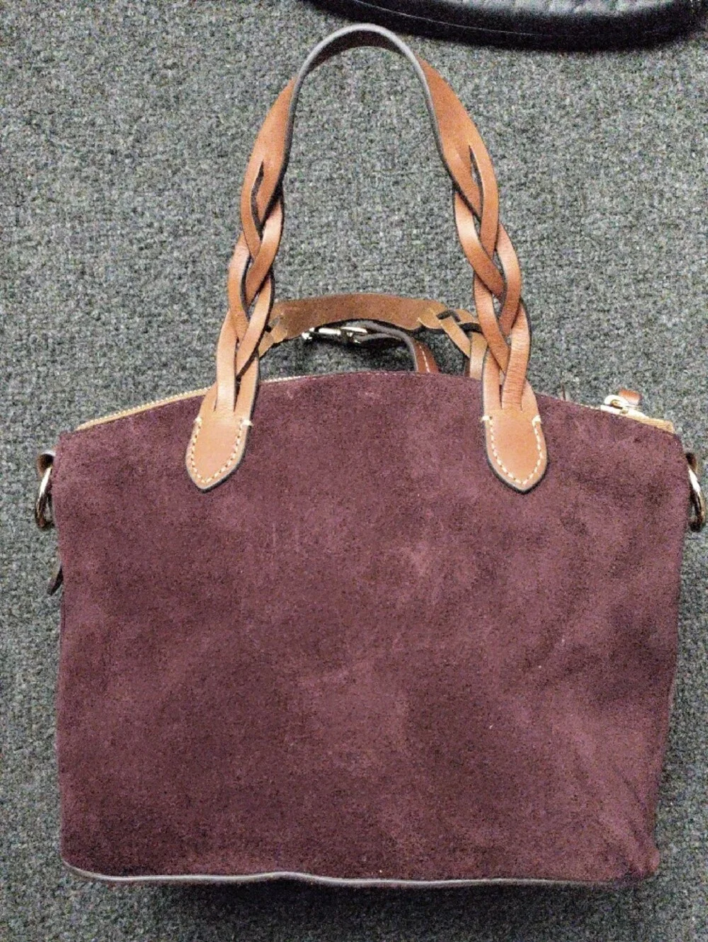 Dooney & Bourke Burgundy Suede Crossbody with Braided Brown Leather Handles